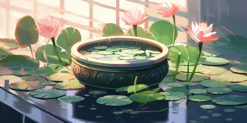 绿色夏日缸莲微莲盛开手绘插画背景,插画/手绘图,插画/手绘图库,插画/手绘图下载,插画/手绘